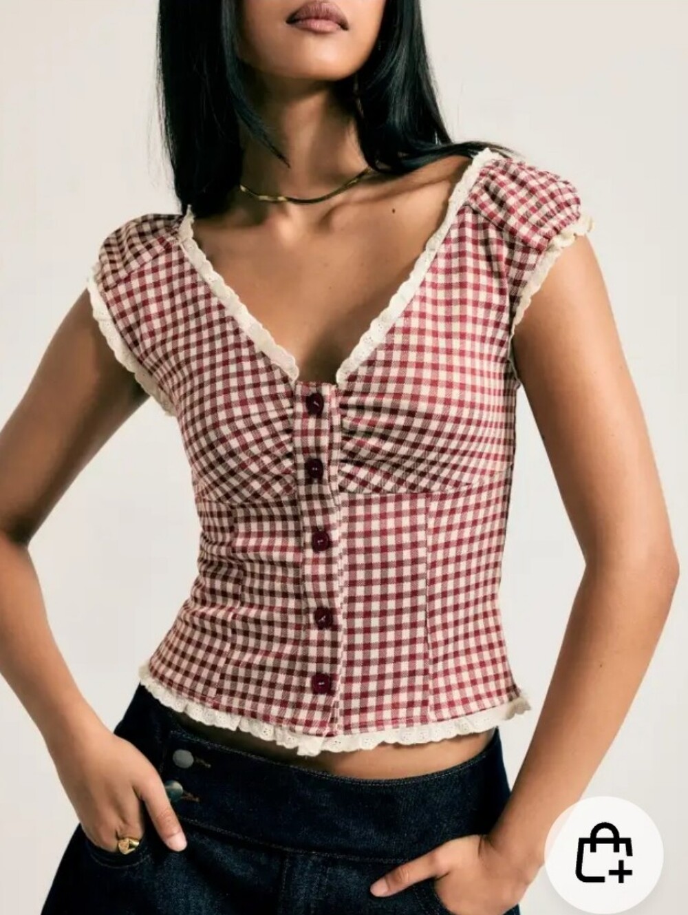 Cider Red Gingham Button-Front Women’s Top with Lace Trim
